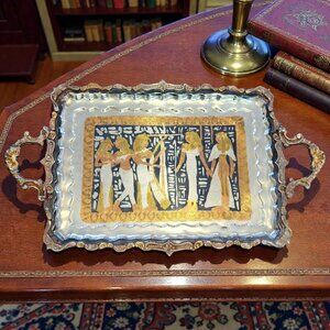 Vintage Egyptian Revival Large Metal Serving Tray Brass Copper Silver Inlay 19"